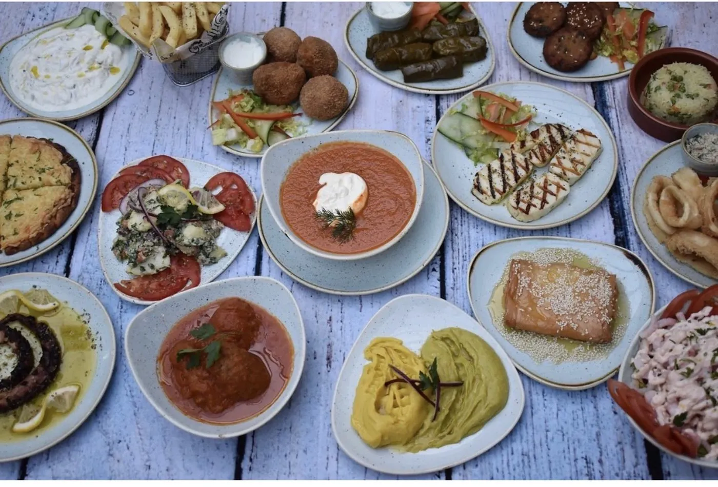 A table spread with Greek meze dishes