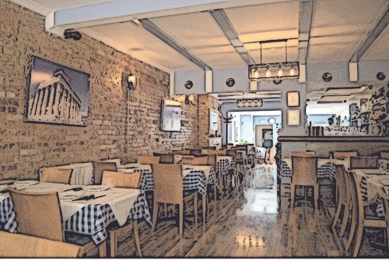 Sketch of the dining room with brick walls and gingham tables