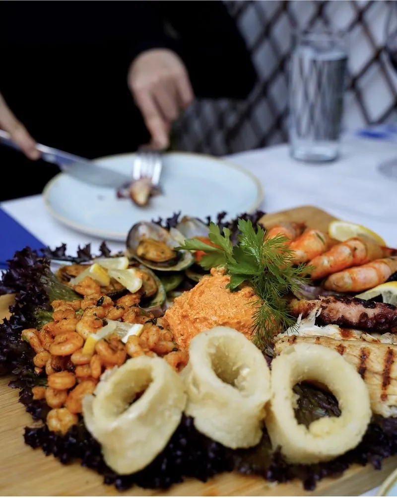 A seafood platter with kalamari and prawns