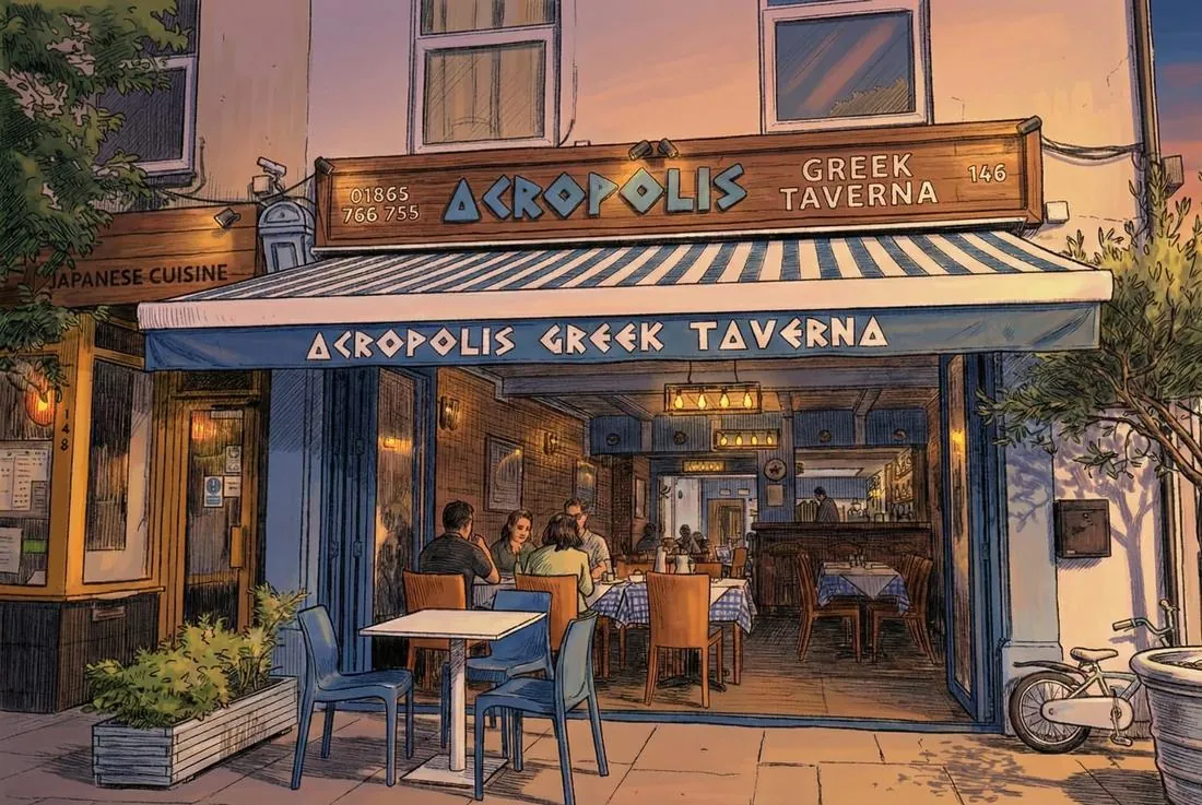 Illustration of the Acropolis Greek Taverna shopfront at 146 London Road, with its blue-and-white awning and diners inside